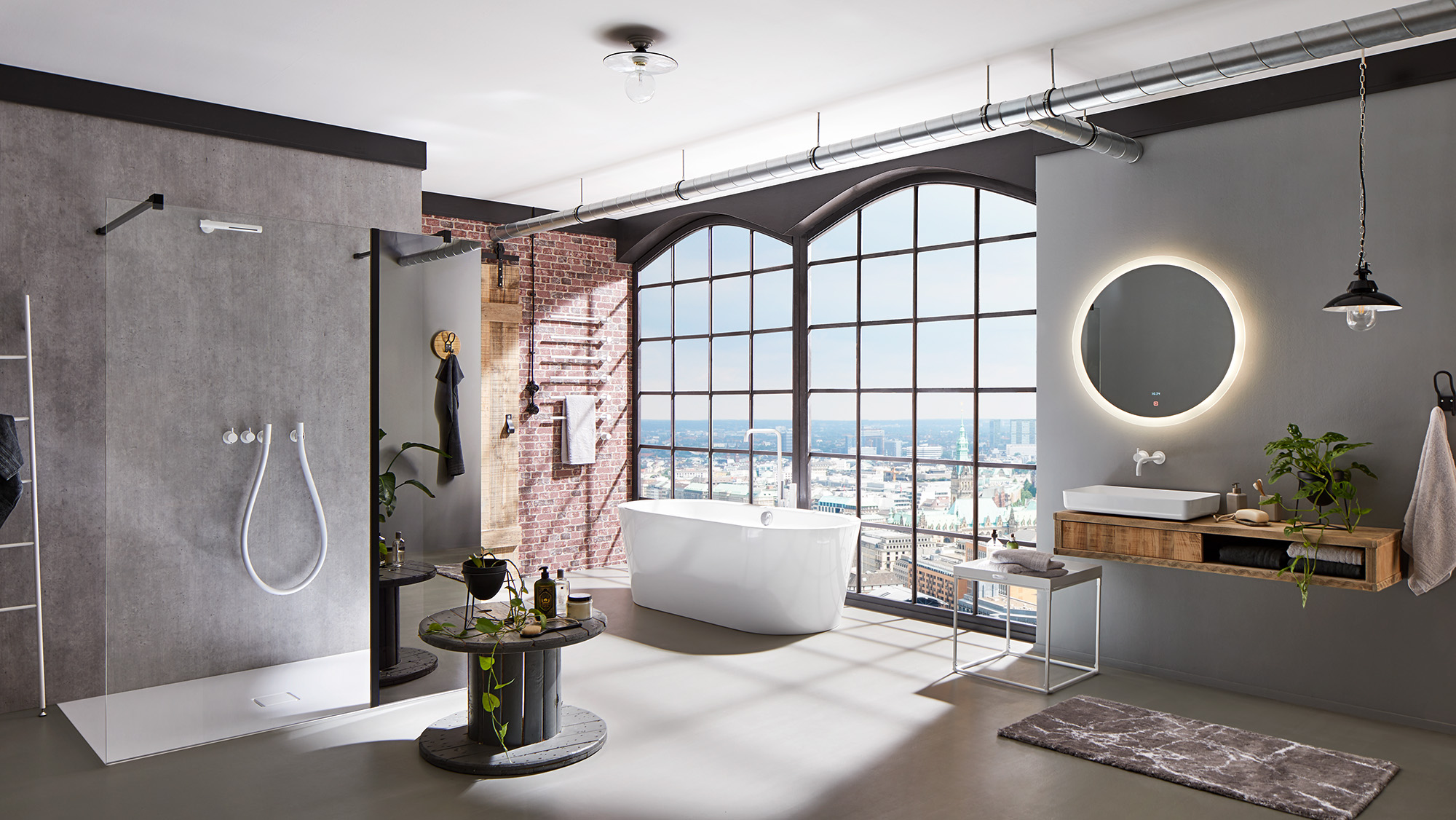 Paroi de douche WALK-IN XB KermiExtra avec verre miroir Noir Soft en design loft
