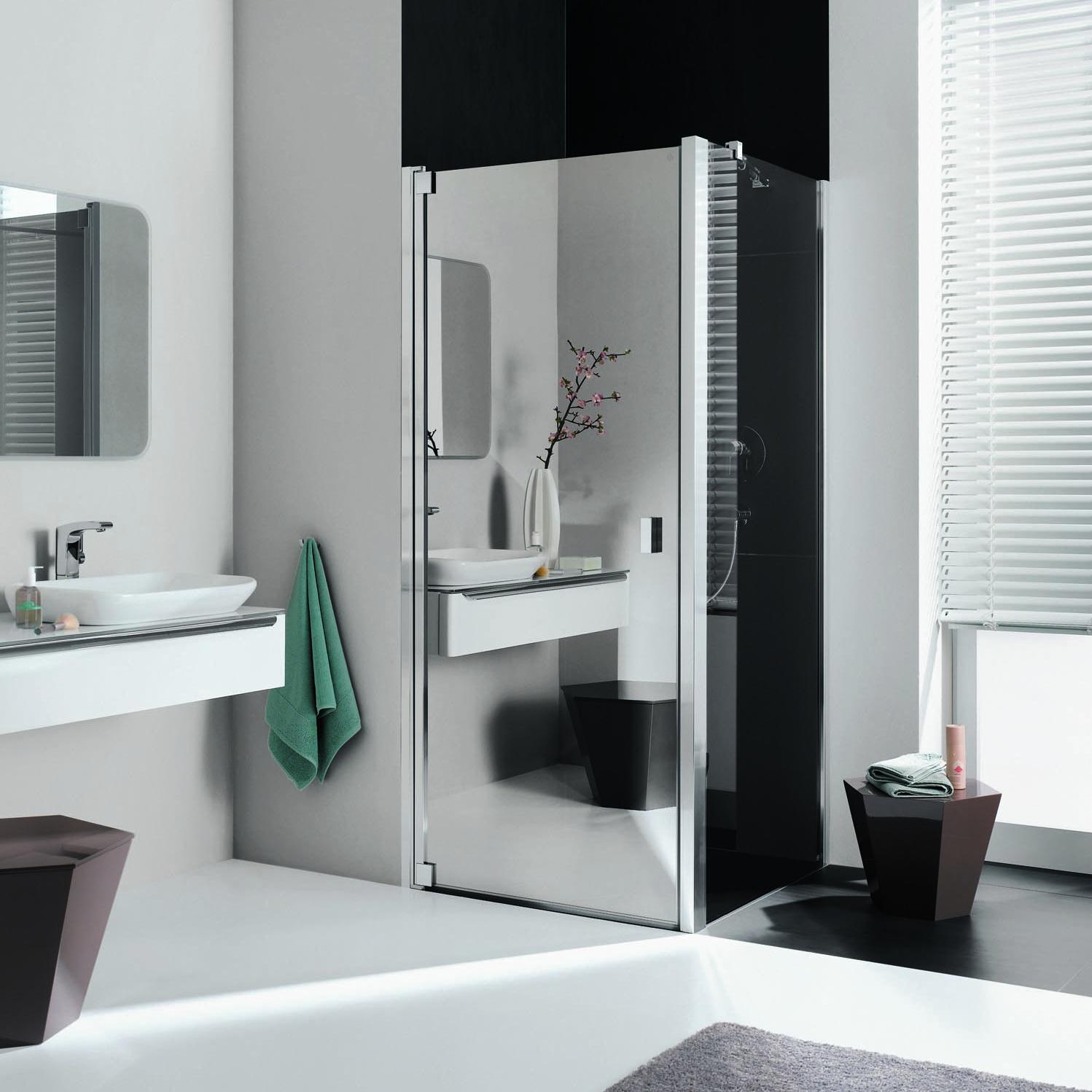 Kermi profile shower enclosure RAYA single-panel hinged door with mirror glass and side wall via KermiEXTRA