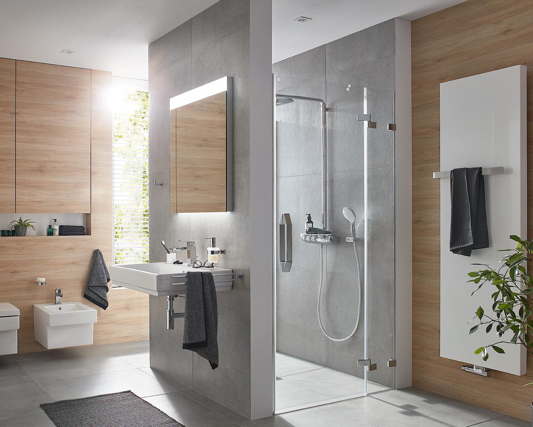 Kermi hinged shower enclosure, TUSCA single panel hinged door with fixed panel with wall hinge