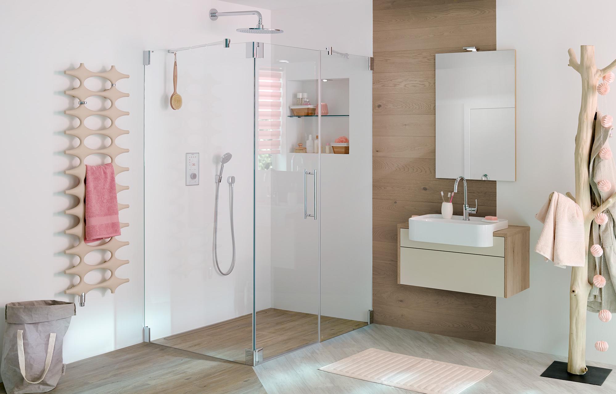 Kermi hinged shower enclosure, PASA single panel hinged door with fixed panel and side wall