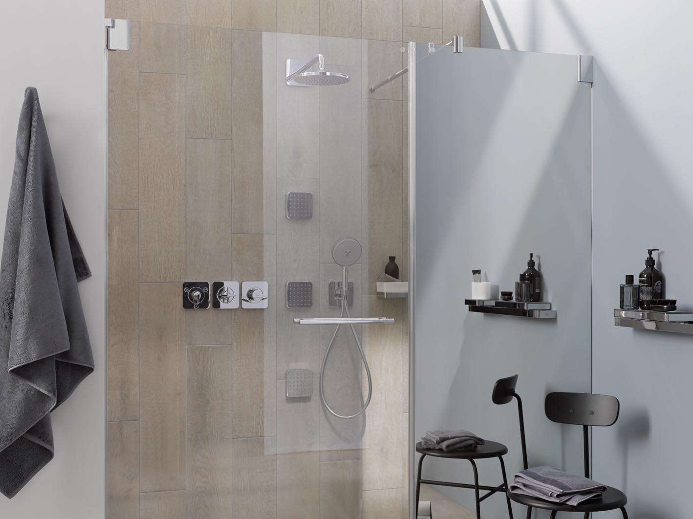 Kermi hinged shower enclosure PASA single-panel hinged door and fixed panel customized via KermiEXTRA
