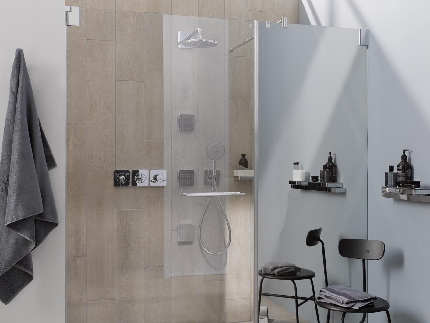 PASA single-panel hinged door and fixed panel customized via KermiEXTRA Kermi hinged shower enclosure PASA single-panel hinged door and fixed panel customized via KermiEXTRA
