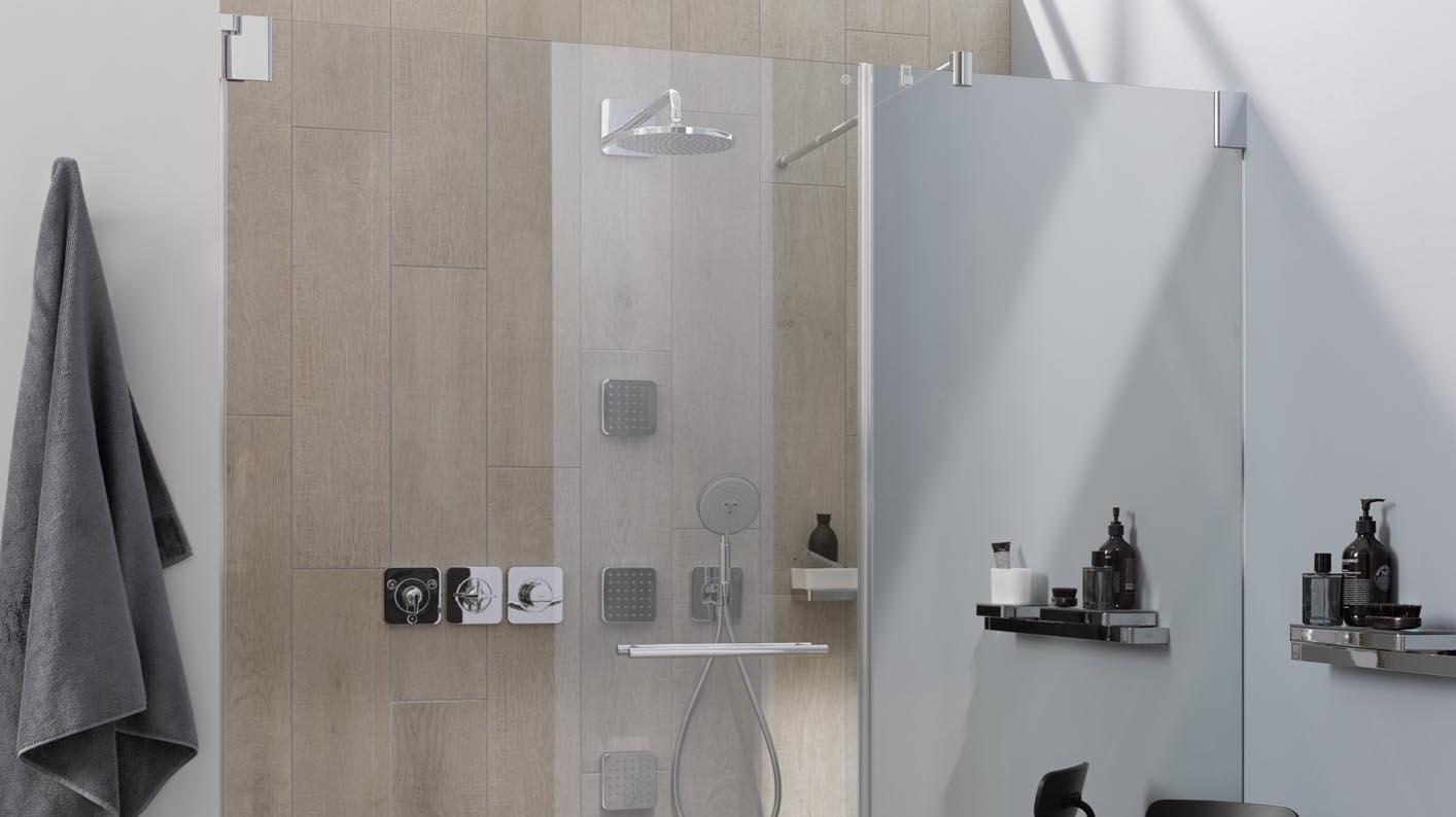 Paroi de douche à charnière Kermi avec porte pivotante PASA à 1 vantail et élément fixe, personnalisée via KermiEXTRA