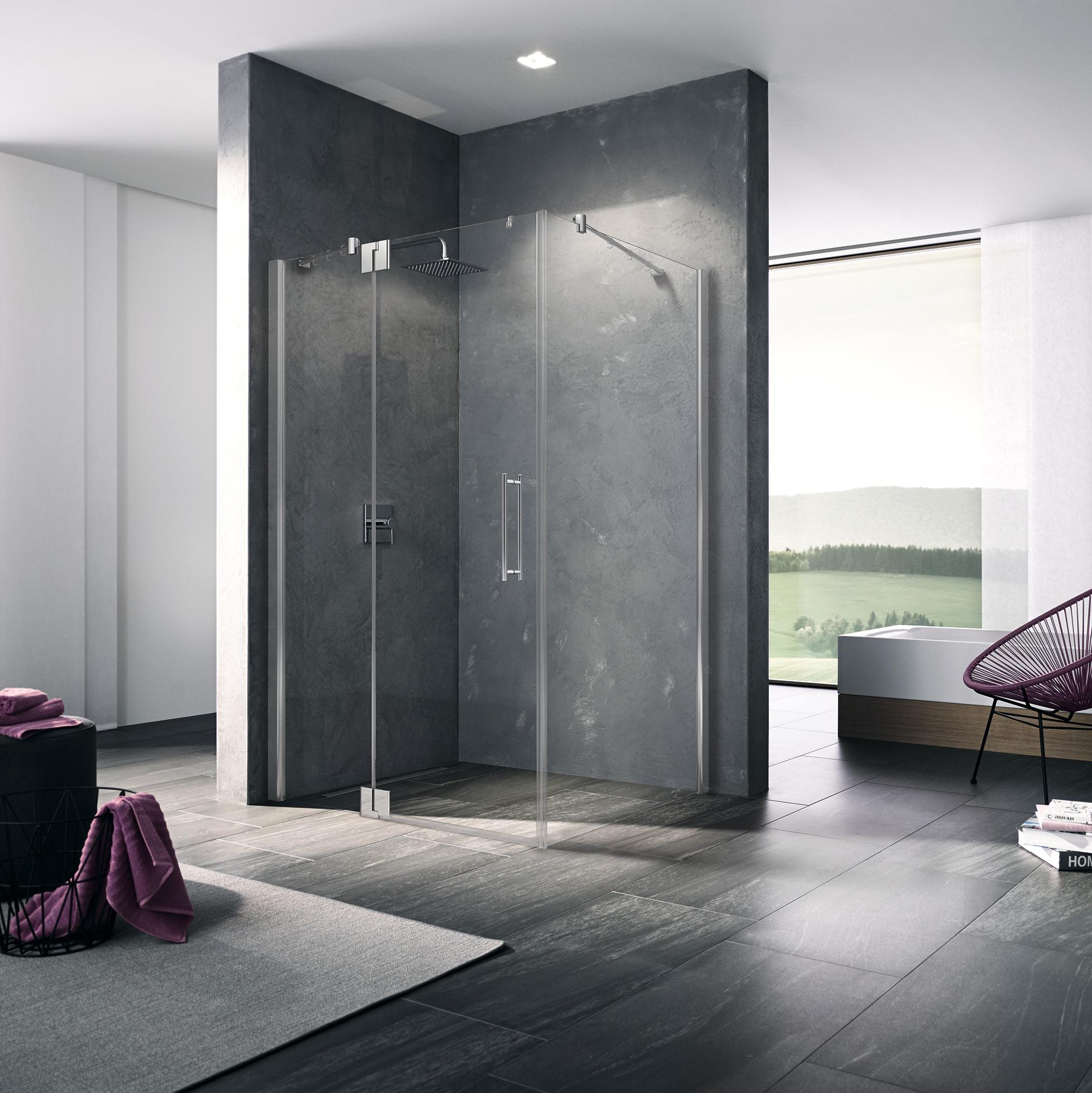 Kermi hinged shower enclosure, PASA XP single panel hinged door with fixed panel