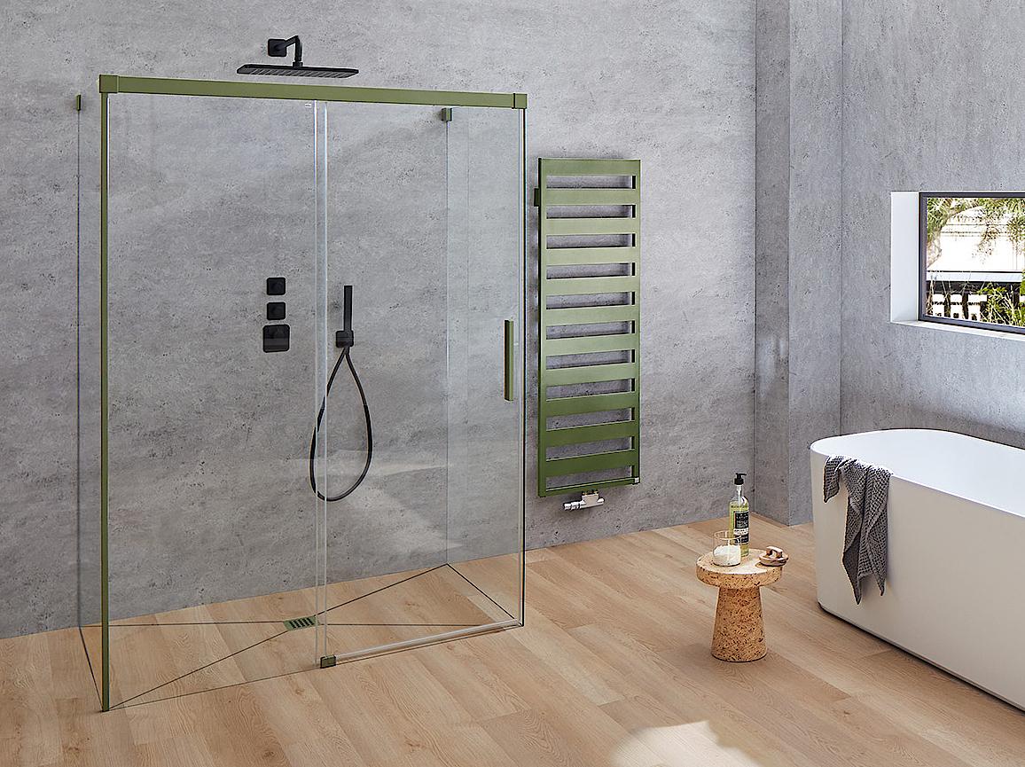 Paroi de douche à profilé Kermi avec porte coulissante NICA à 2 éléments avec surface au sol libre et élément fixe sans profilé mural Forest