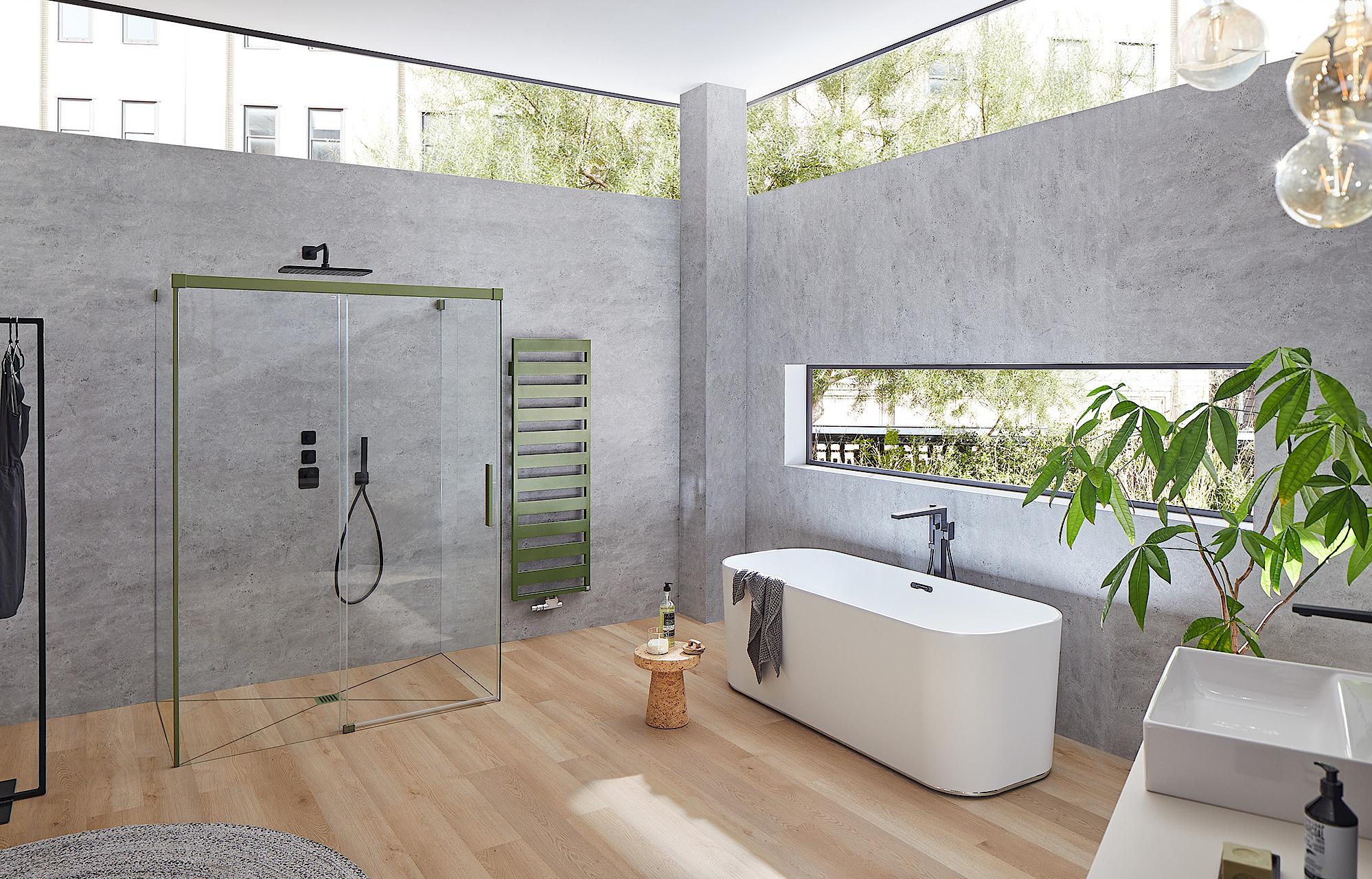 Paroi de douche à profilé Kermi avec porte coulissante NICA à 2 éléments avec surface au sol libre et élément fixe sans profilé mural Forest