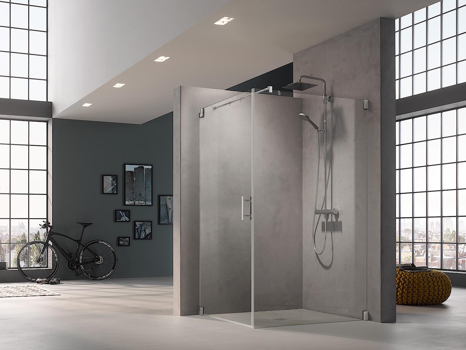 Kermi hinged shower enclosure, FILIA single panel hinged door and side wall