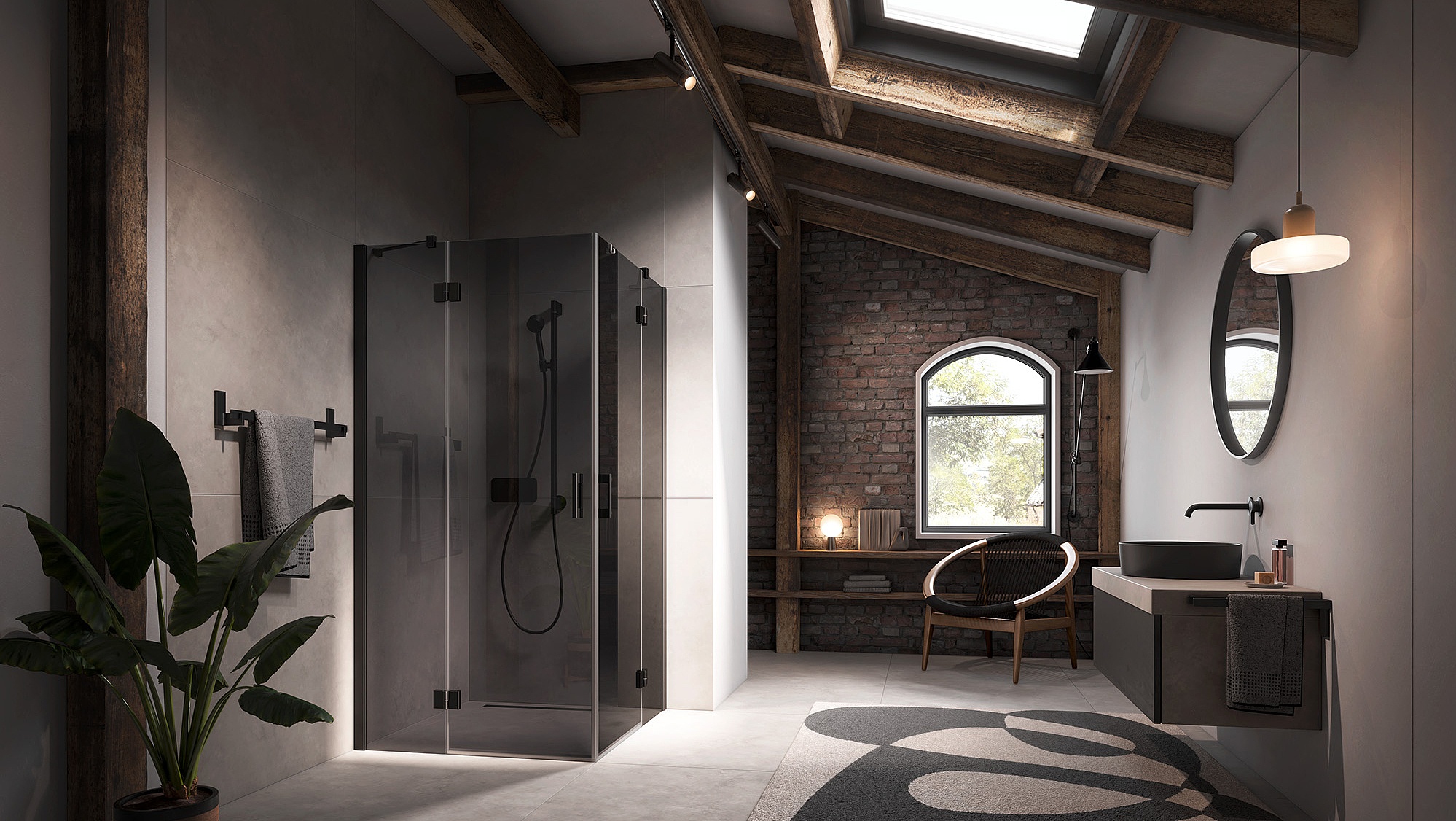 Paroi de douche à profilé Kermi avec accès d’angle LIGA en 2 parties (portes pivotantes avec éléments fixes) avec profilé mural en Noir soft et verre teinté gris par KermiEXTRA