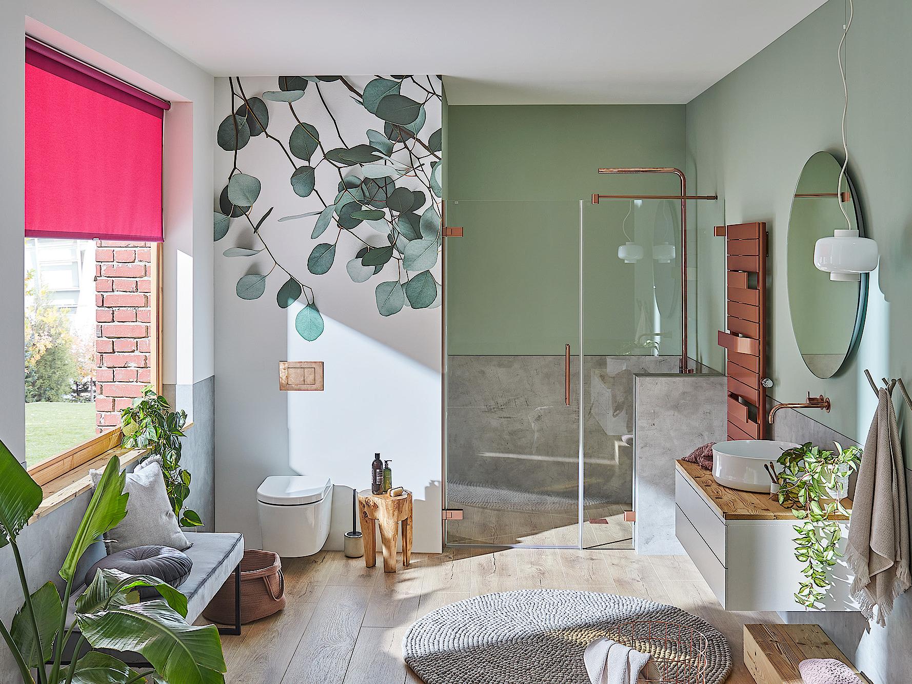MENA single-panel hinged door with cut-out on cladding in Classic Copper via KermiEXTRA Kermi hinged shower enclosure MENA single-panel hinged door with cut-out on cladding in Classic Copper via KermiEXTRA