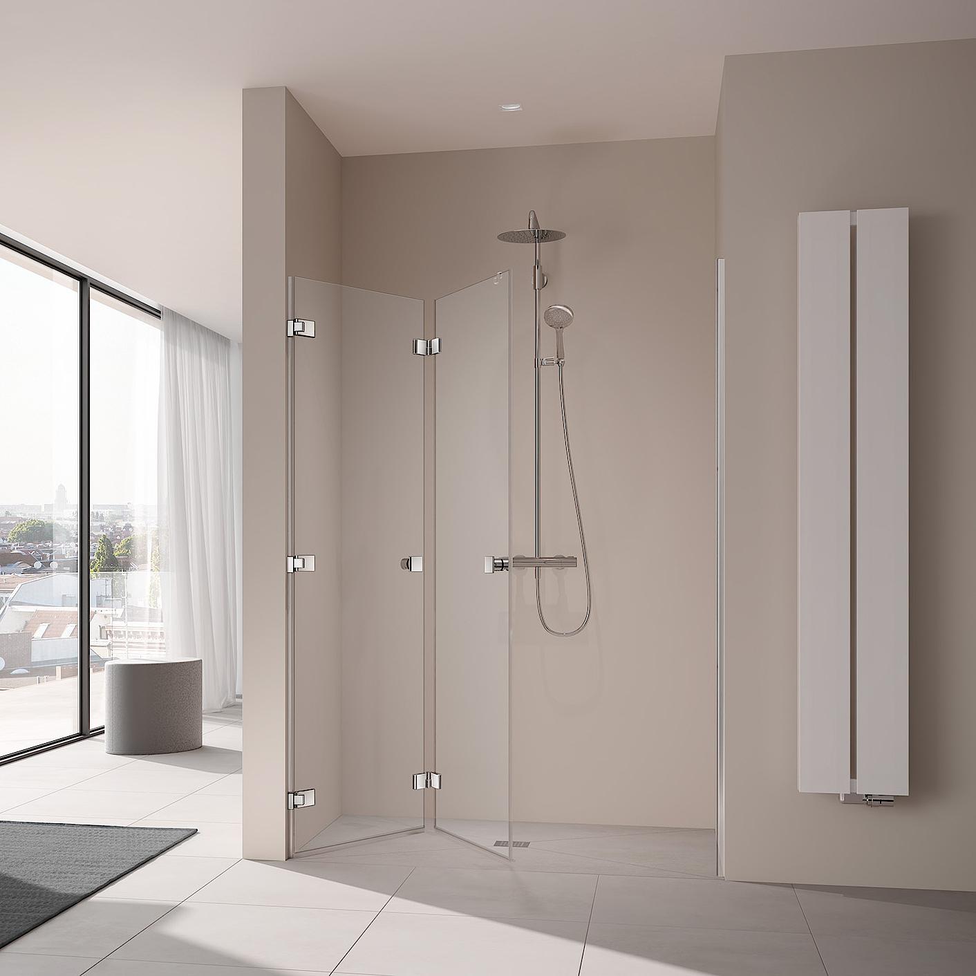 Kermi shower enclosure MENA single-panel folding door with 3rd wall hinge and additional handle open