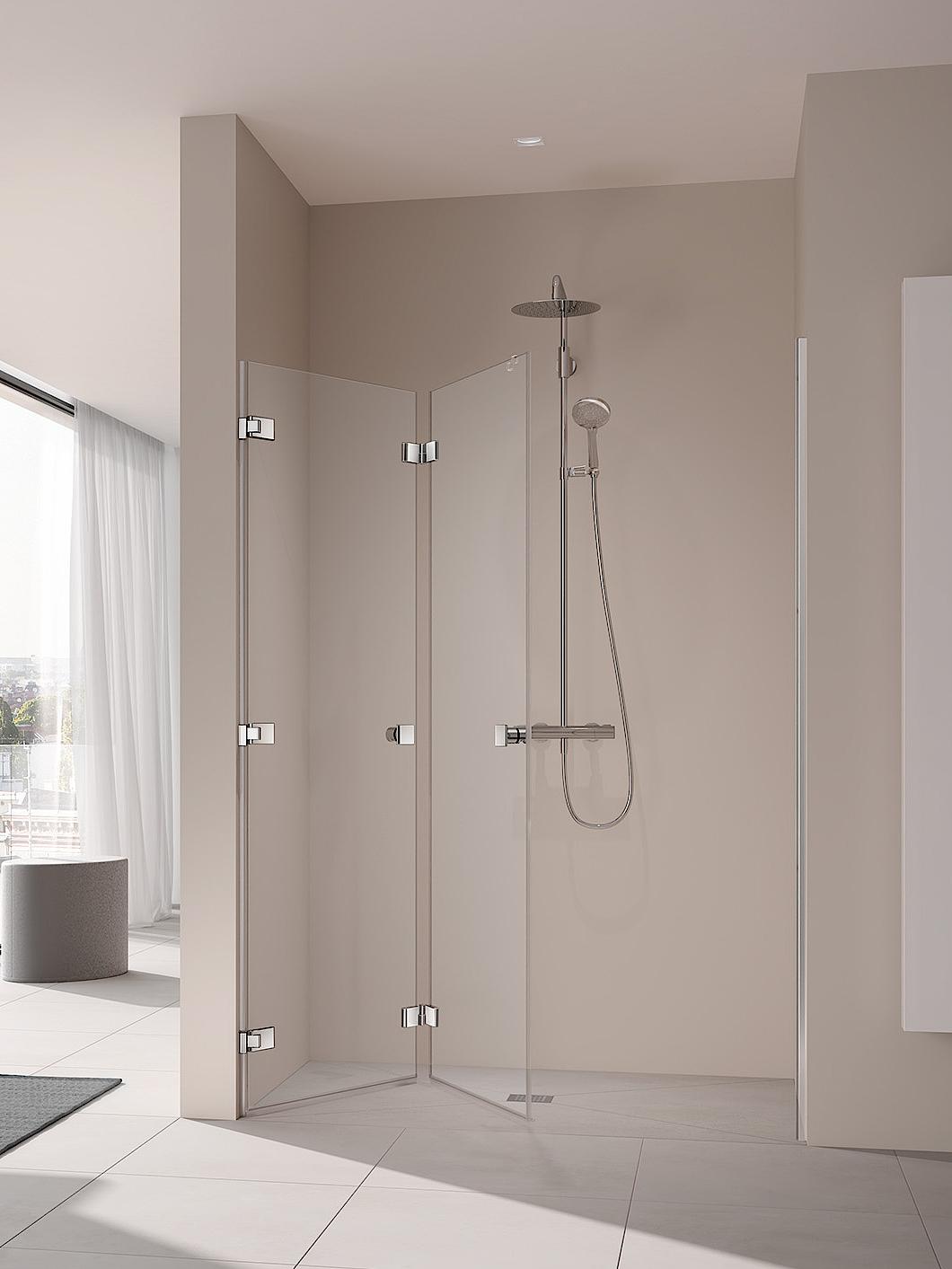 Kermi shower enclosure MENA single-panel folding door with 3rd wall hinge and additional handle open
