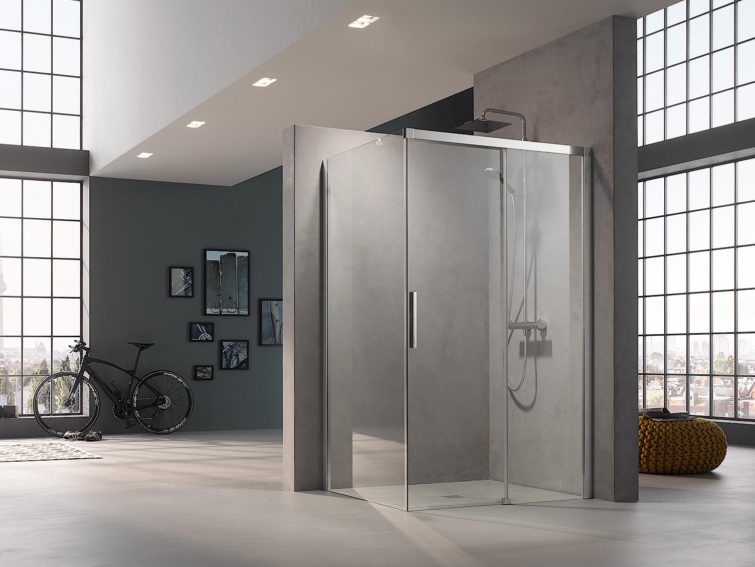 Paroi de douche à profilé Kermi avec porte coulissante NICA à 2 éléments avec surface au sol libre et élément fixe avec profilé mural