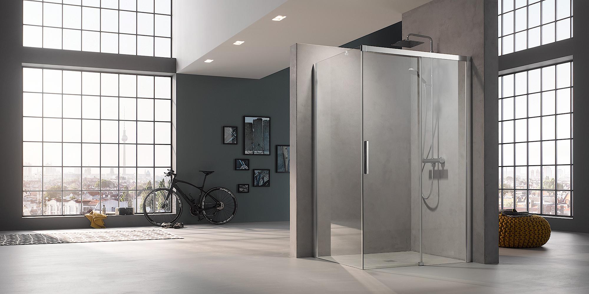 Kermi profile shower enclosure NICA off-floor two-part sliding door with fixed panel and wall profile