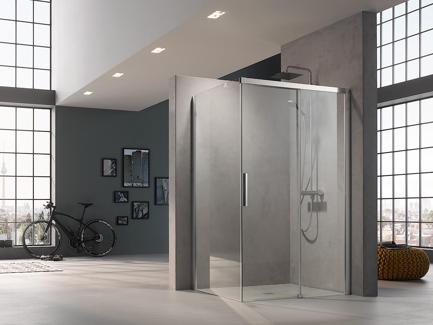 Paroi de douche à profilé Kermi avec porte coulissante NICA à 2 éléments avec surface au sol libre et élément fixe avec profilé mural