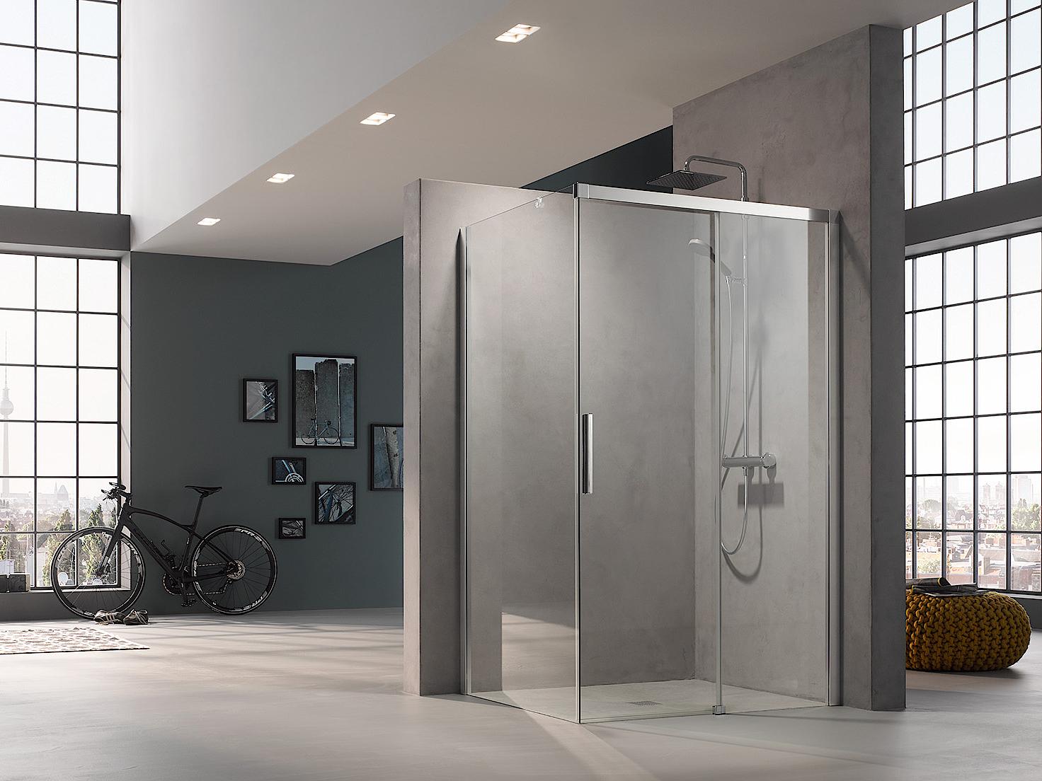 Paroi de douche à profilé Kermi avec porte coulissante NICA en 2 parties avec surface au sol libre et élément fixe avec profilé mural