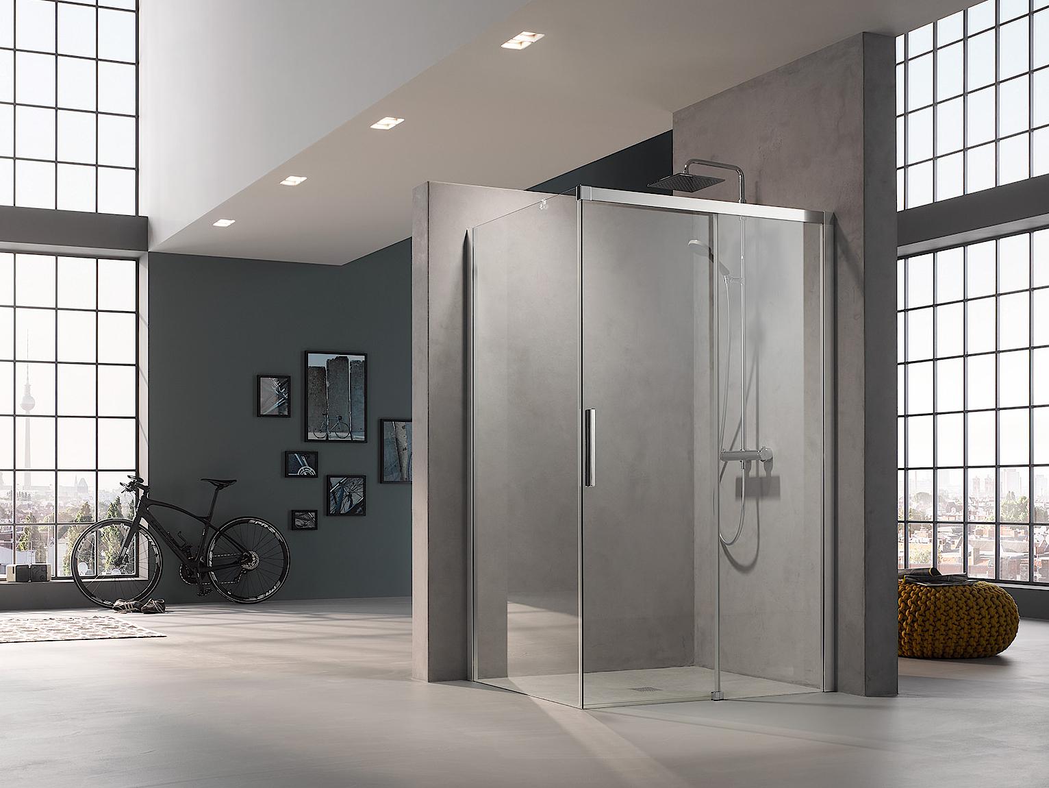 Paroi de douche à profilé Kermi avec porte coulissante NICA en 2 parties avec surface au sol libre et élément fixe avec profilé mural