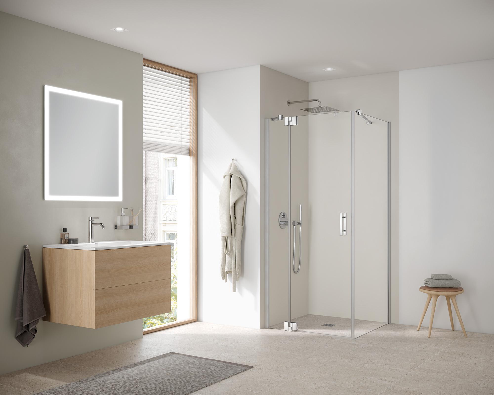 FILIA XP single panel hinged door with fixed panel and side wall Kermi hinged shower enclosure, FILIA XP single panel hinged door with fixed panel and side wall