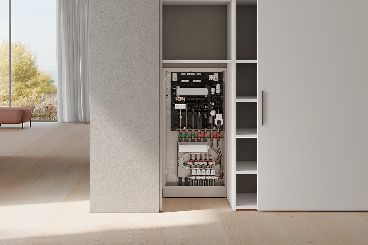 x-net Wohnungsstation pro mit Dämmung versorgt jede Wohnung mit warmem, sauberem Wasser und behaglichen Raumtemperaturen durch Flächenheizung