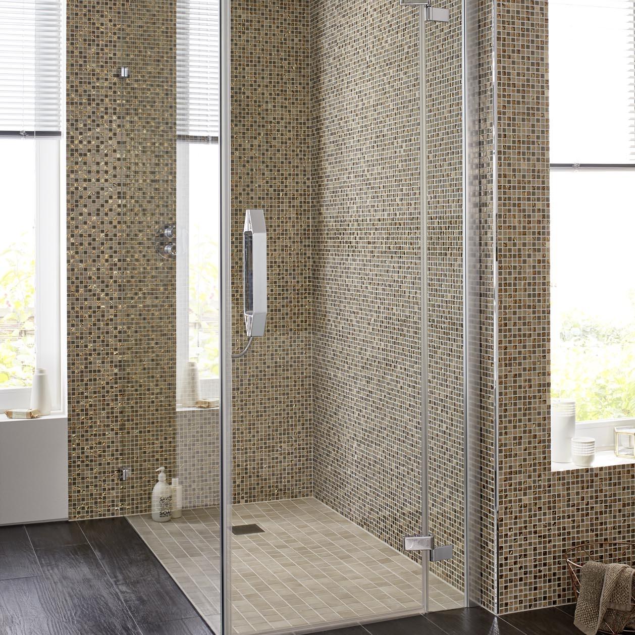 Kermi shower enclosure TUSCA single-panel hinged door with fixed panel and side wall with wall profile