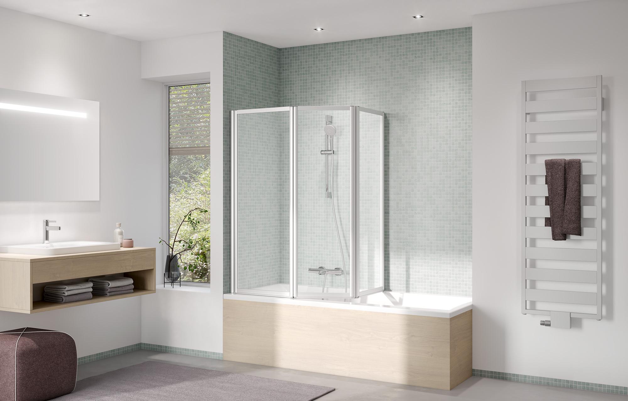 VARIO 2000 Faltwand 2- und 1-flügelig mit Magnetverschluss auf Badewanne Kermi Duschkabine VARIO 2000 Faltwand 2- und 1-flügelig mit Magnetverschluss auf Badewanne