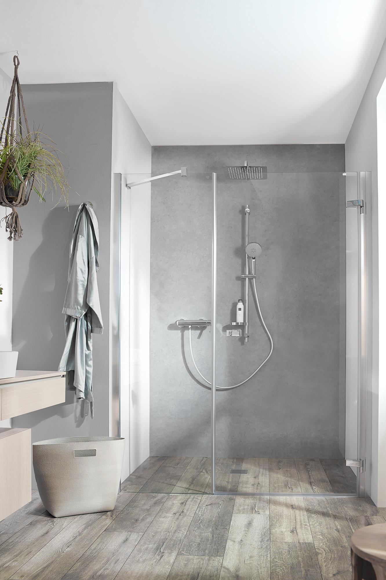 Kermi hinged shower enclosure TUSCA single-panel hinged door and fixed panel with wall profile 