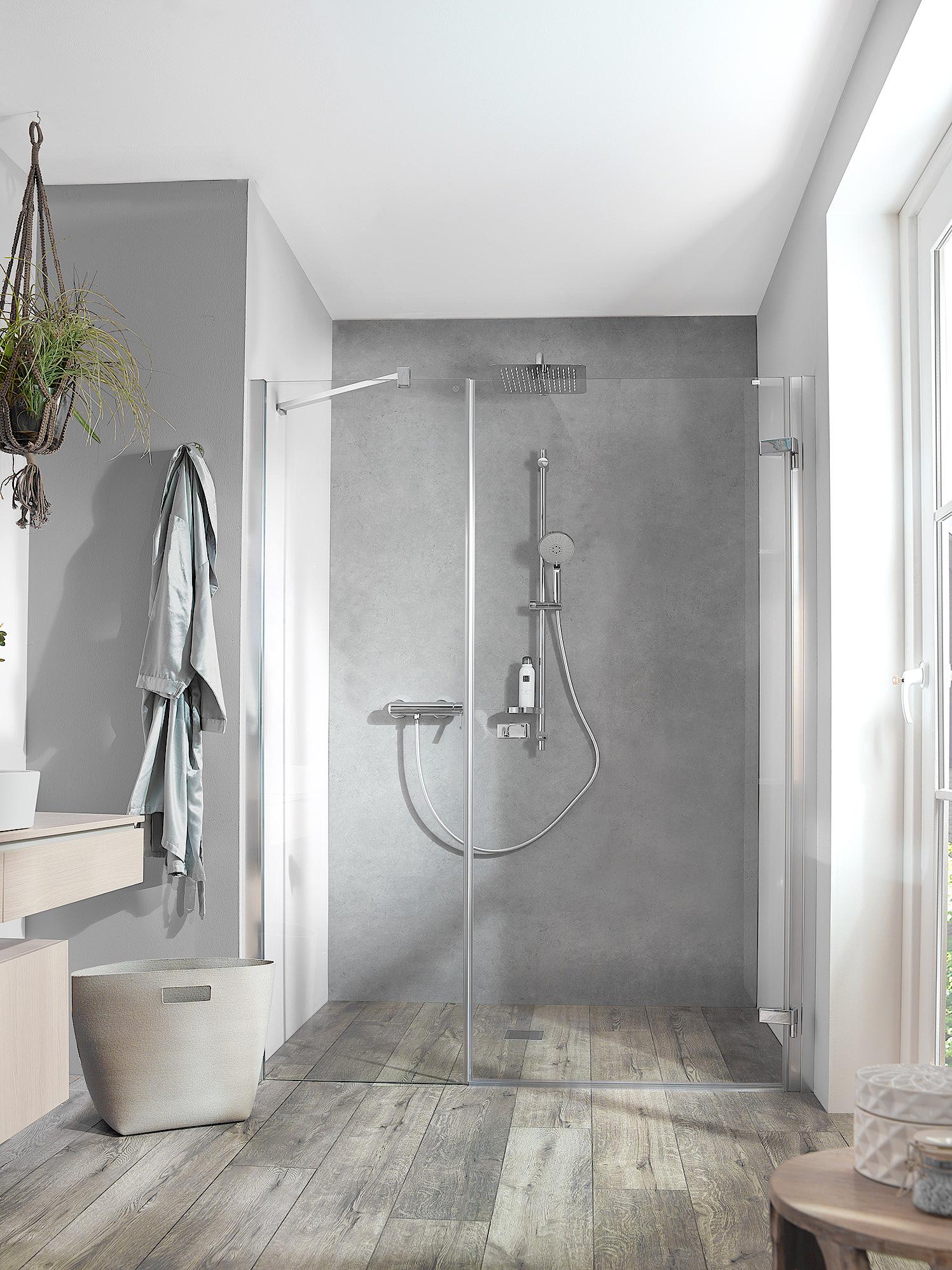 TUSCA single-panel hinged door and fixed panel with wall profile Kermi hinged shower enclosure TUSCA single-panel hinged door and fixed panel with wall profile