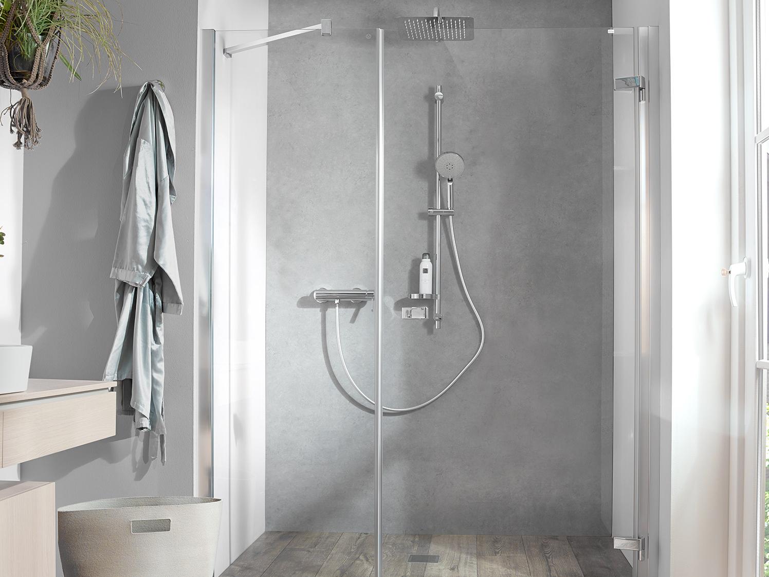 Kermi hinged shower enclosure TUSCA single-panel hinged door and fixed panel with wall profile 