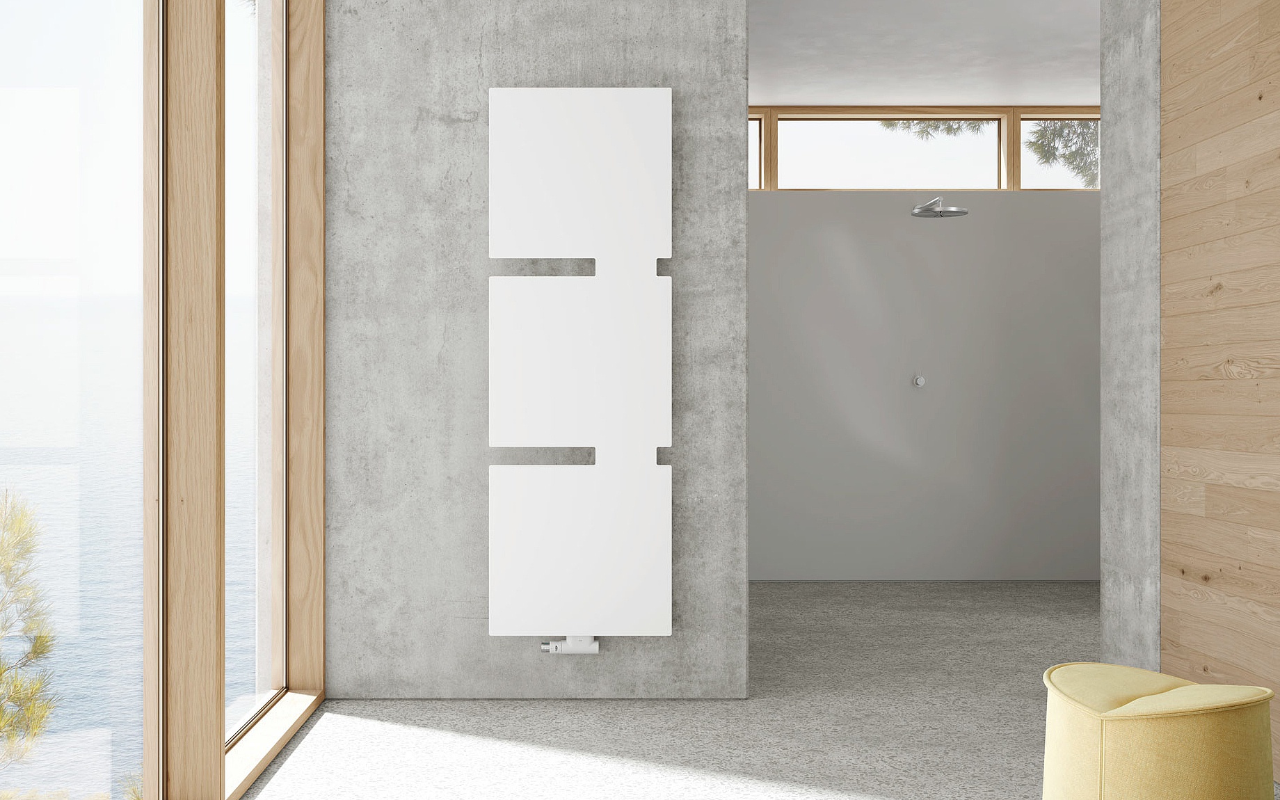 Bad- und Wohnheizkörper Tano mit drei Elementen in der Farbe weiß im Badezimmer