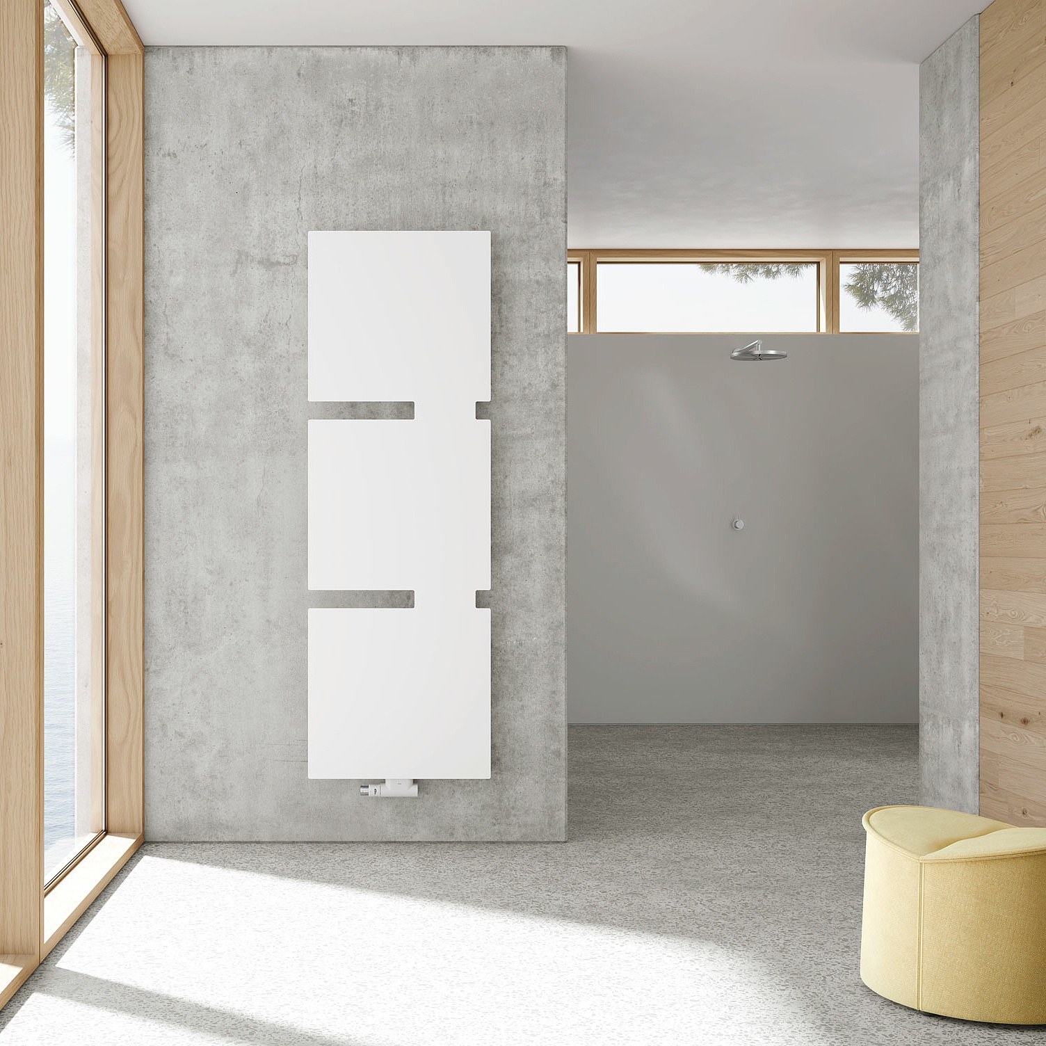 Bad- und Wohnheizkörper Tano mit drei Elementen in der Farbe weiß im Badezimmer