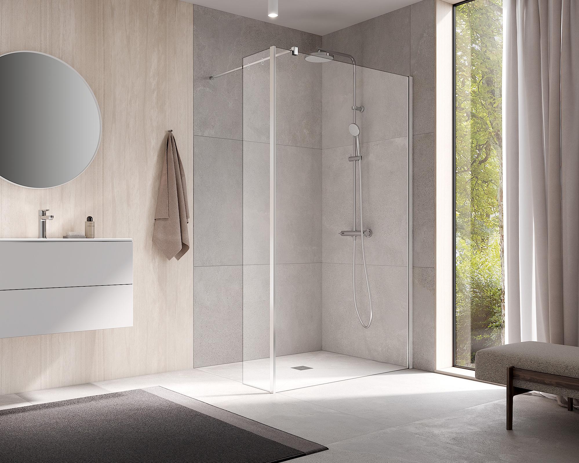 Kermi Walk-In shower enclosure WALK-IN XB fixed panel at an angle in combination with WALK-IN XB Wall