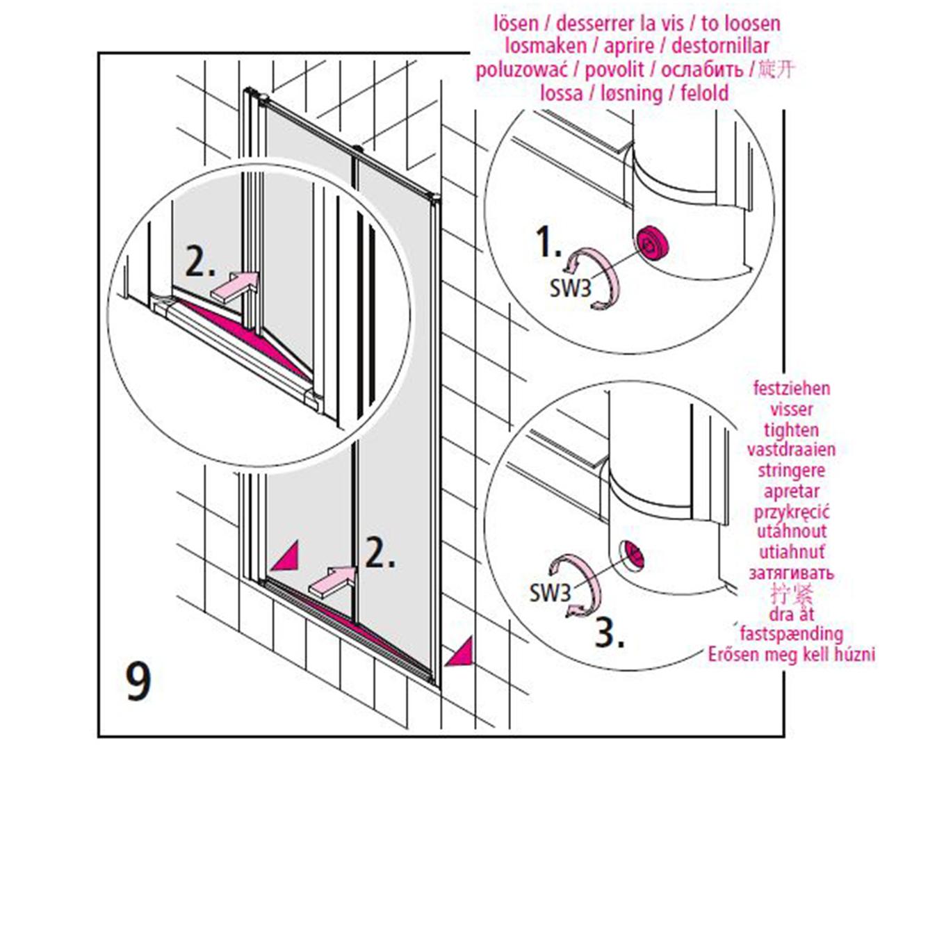 Cas de service pour paroi de douche Kermi Resserrer les paliers rotatifs de la porte pivotante