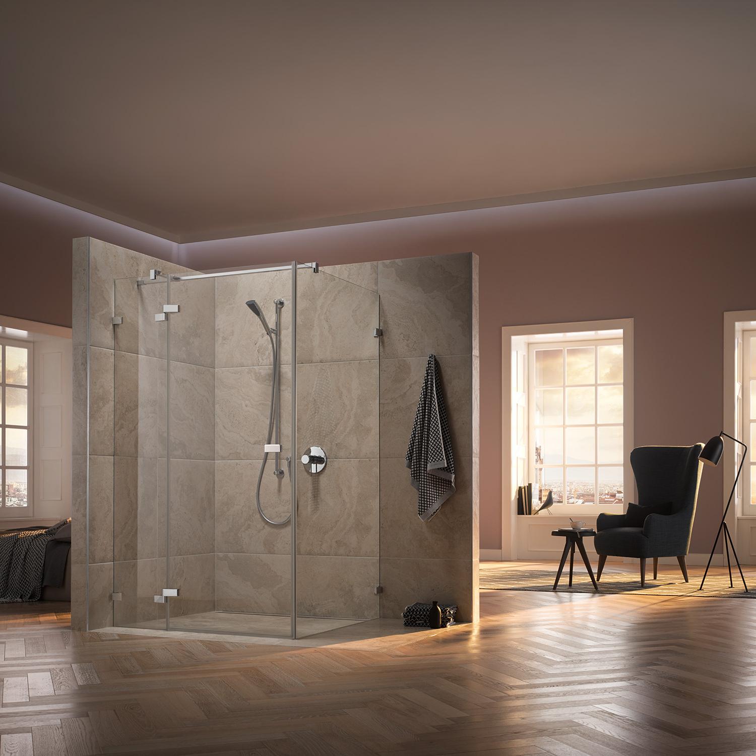 Kermi hinged shower enclosure, TUSCA single panel hinged door with fixed panel with wall hinge