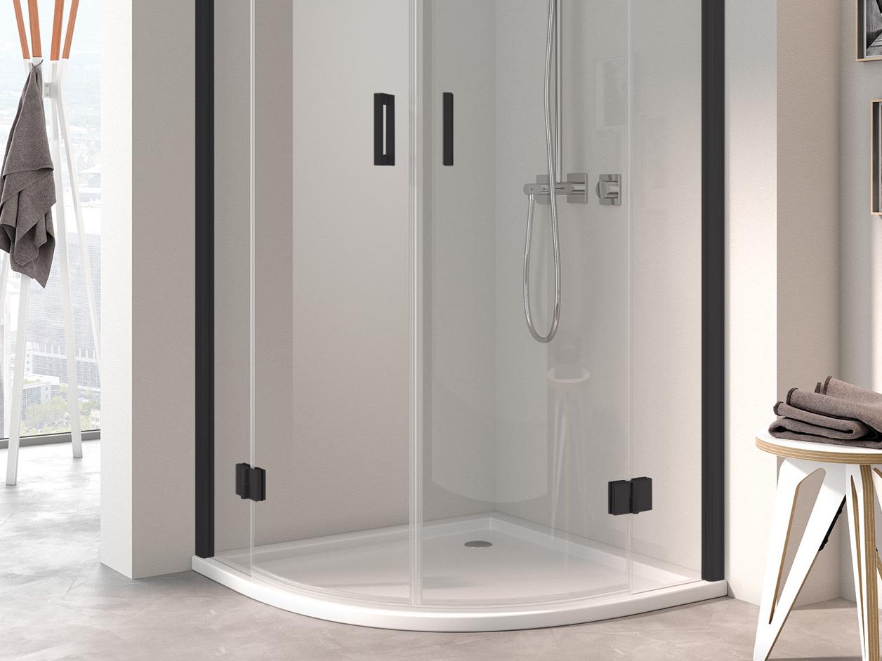 Zawiasowa kabina prysznicowa Kermi OSIA, kabina ćwierćkolista (drzwi skrzydłowe z polami stałymi), czarna