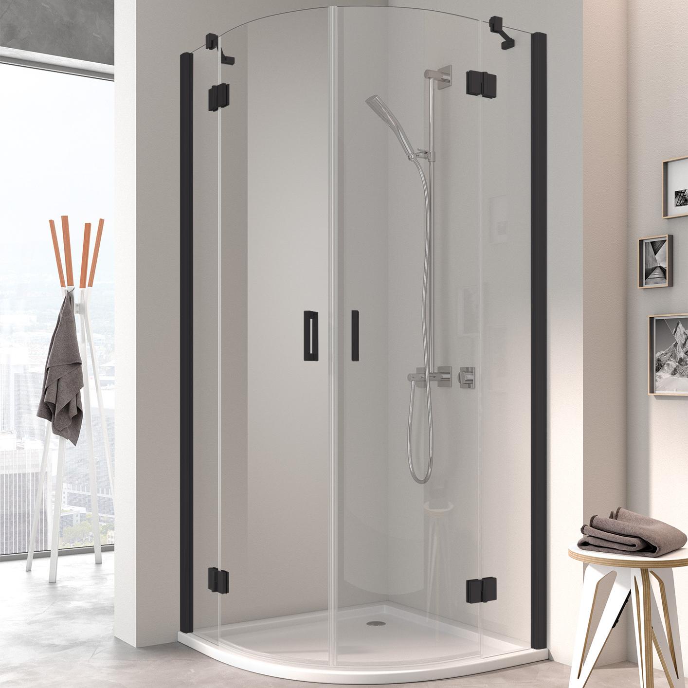 Zawiasowa kabina prysznicowa Kermi OSIA, kabina ćwierćkolista (drzwi skrzydłowe z polami stałymi), czarna