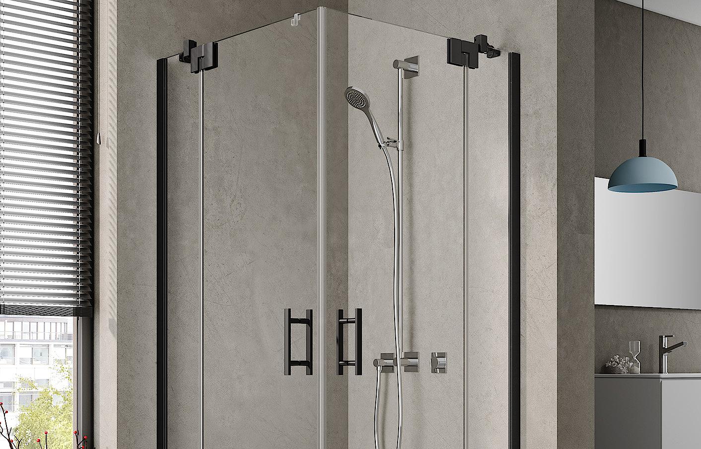 Zawiasowa kabina prysznicowa Kermi FILIA XP, wejście narożne 2-częściowe (drzwi wahadłowe z polami stałymi) – 1 połowa