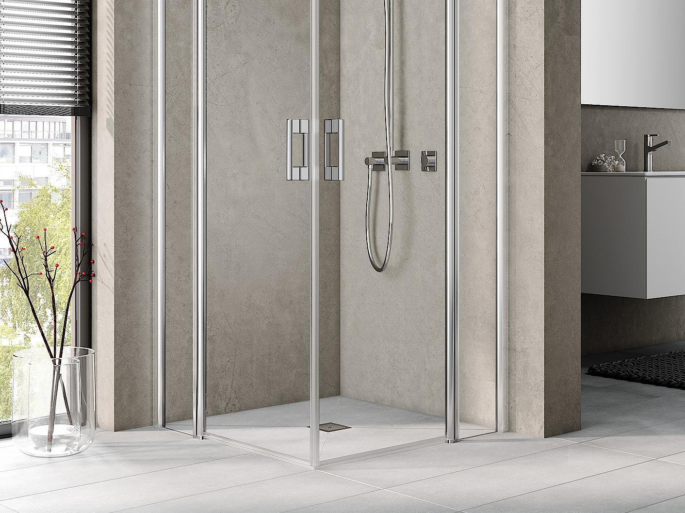 Paroi de douche à profilé Kermi avec accès d’angle PEGA en 2 parties (portes pivotantes avec éléments fixes)