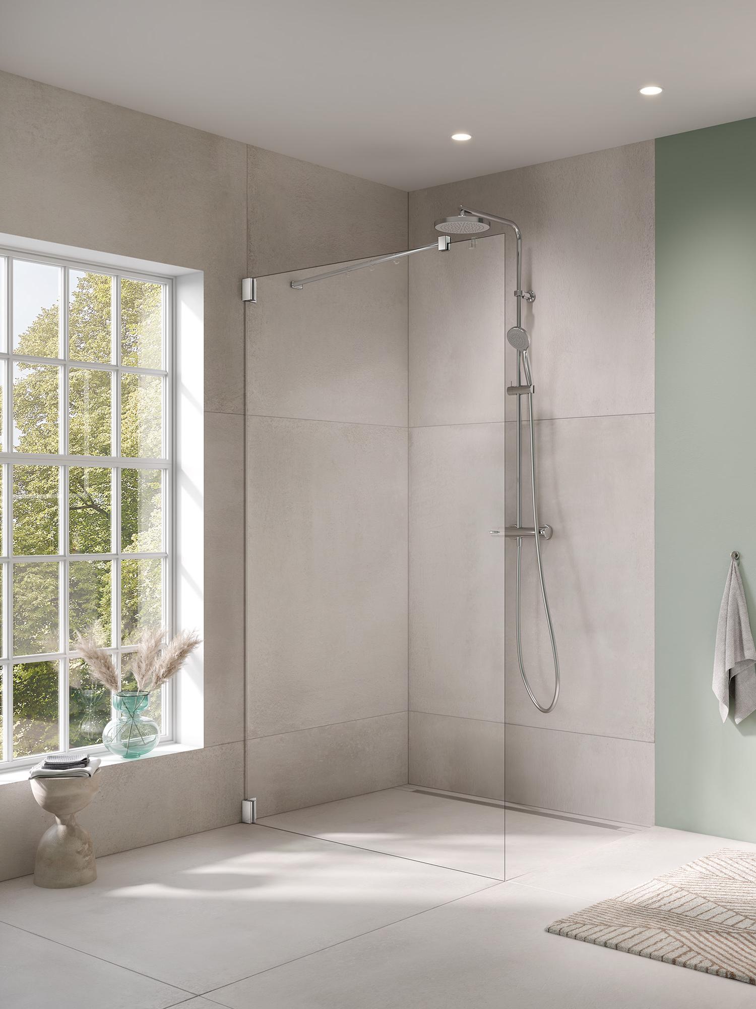 Kermi hinged shower enclosure, FILIA WALK-IN Wall with 45° stabilizer