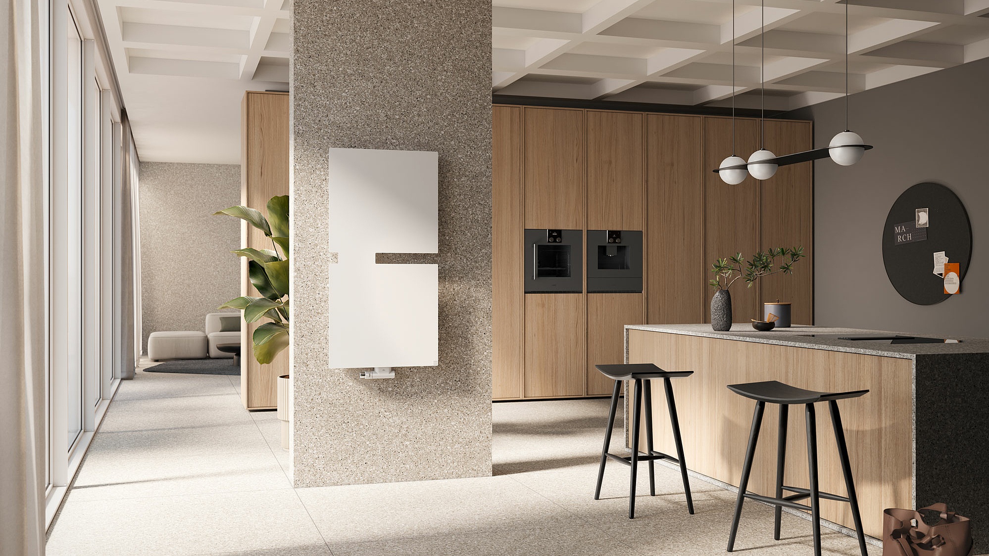 Bad- und Wohnheizkörper Tano mit zwei Elementen in der Farbe weiß in der Küche