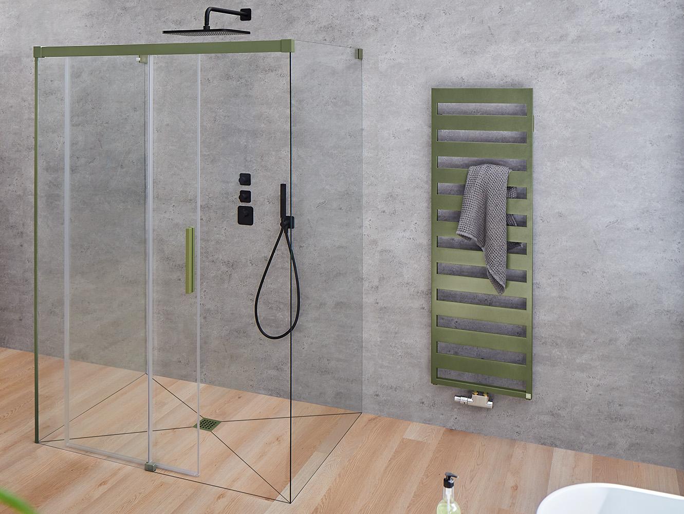 Kermi profile shower enclosure NICA off-floor two-part sliding door with fixed panel and side wall without wall profile in Forest