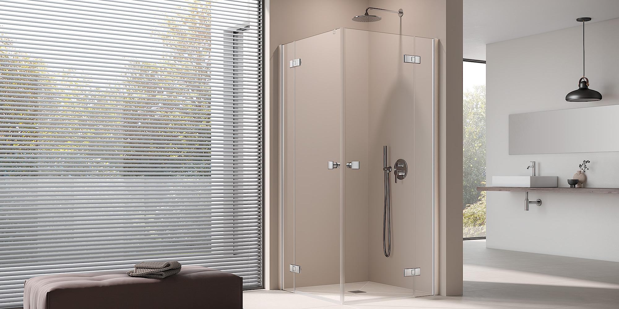 Kabina prysznicowa Kermi MENA z wejściem narożnym 2-częściowa (drzwi wahadłowe z polami stałymi) – 1 połowa z profilem przyściennym