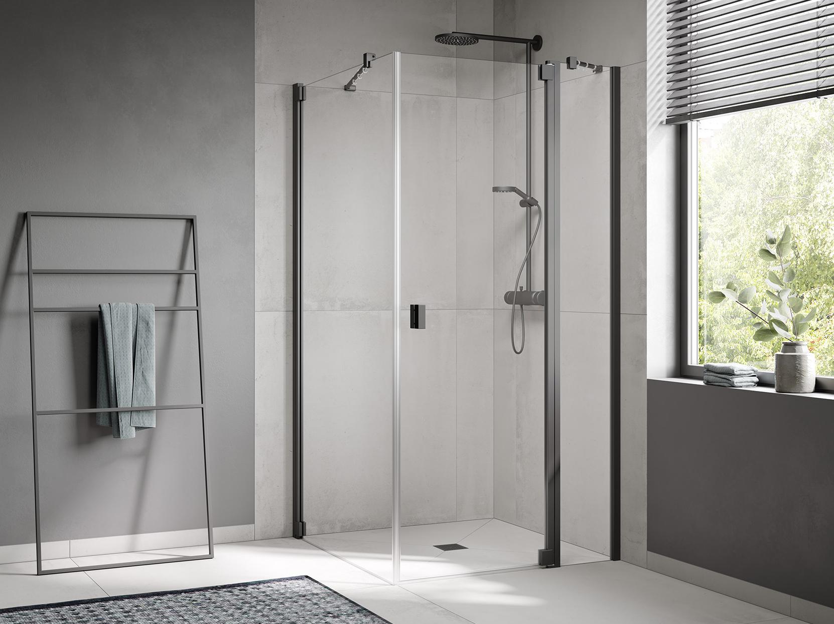 Kermi profile shower enclosure RAYA single-panel hinged door with fixed panel Black
