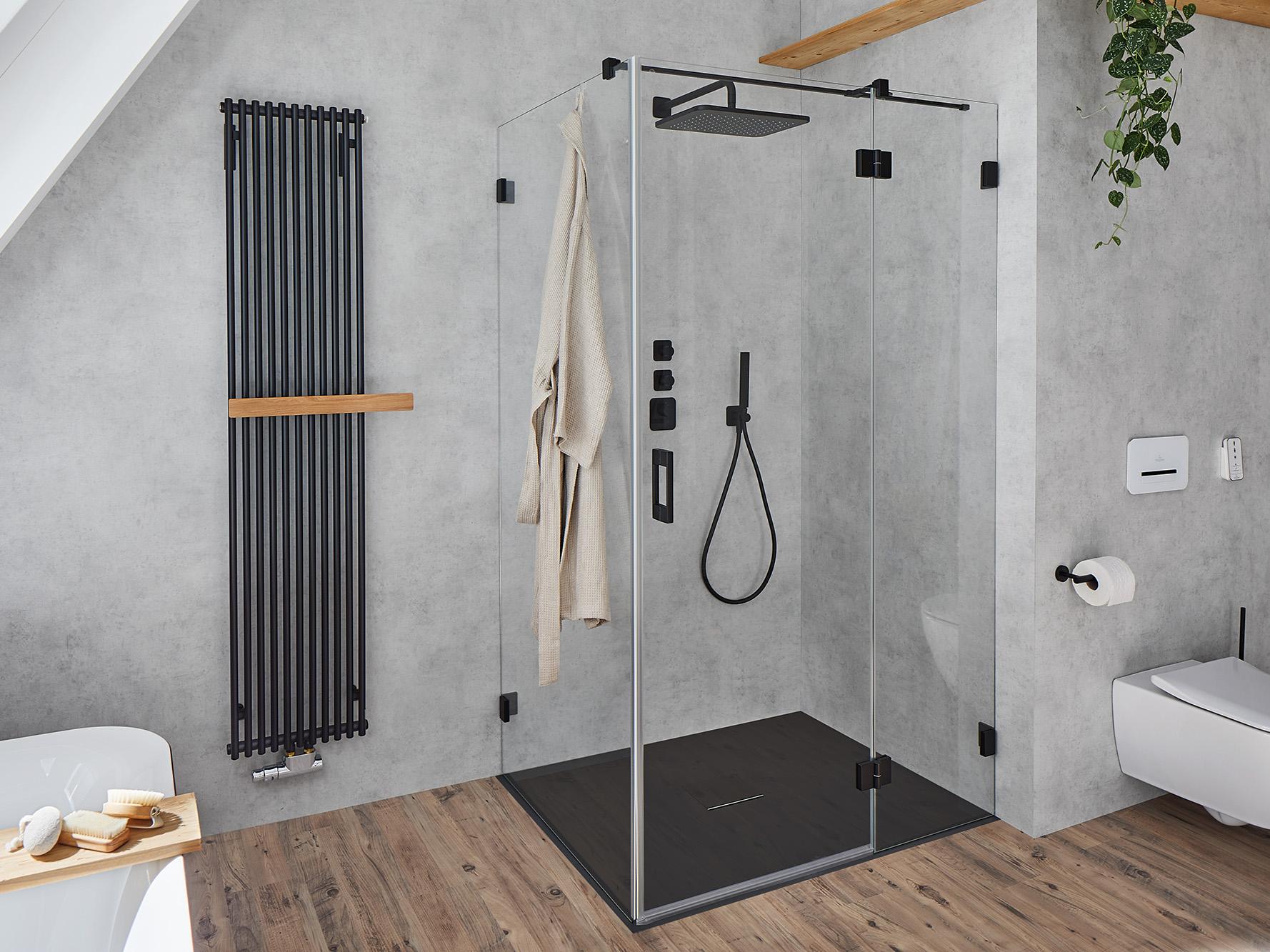 Kermi hinged shower enclosure LIGA hinged door with fixed panel and wall hinge Black