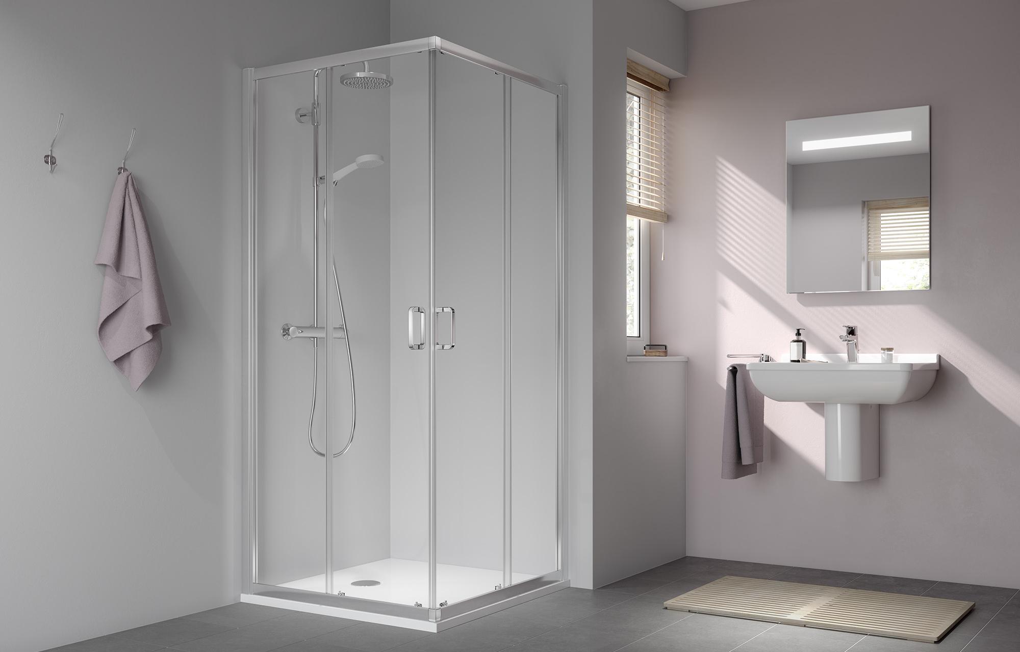 Paroi de douche à profilé Kermi avec accès d’angle STINA à 4 éléments (portes coulissantes)