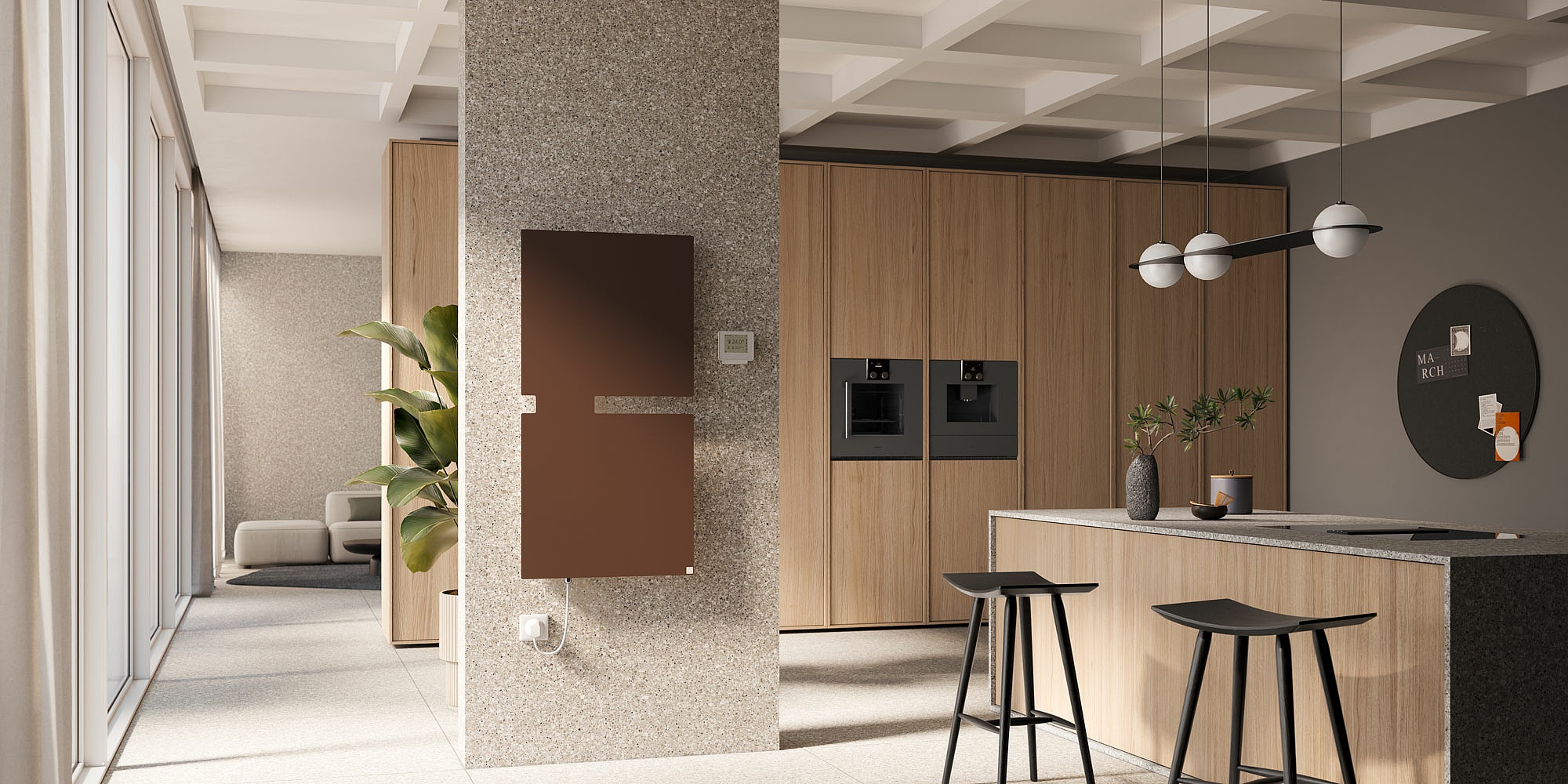 Elektro Bad- und Wohnheizkörper Tano-E mit zwei Elementen in der Farbe Teak in der Küche