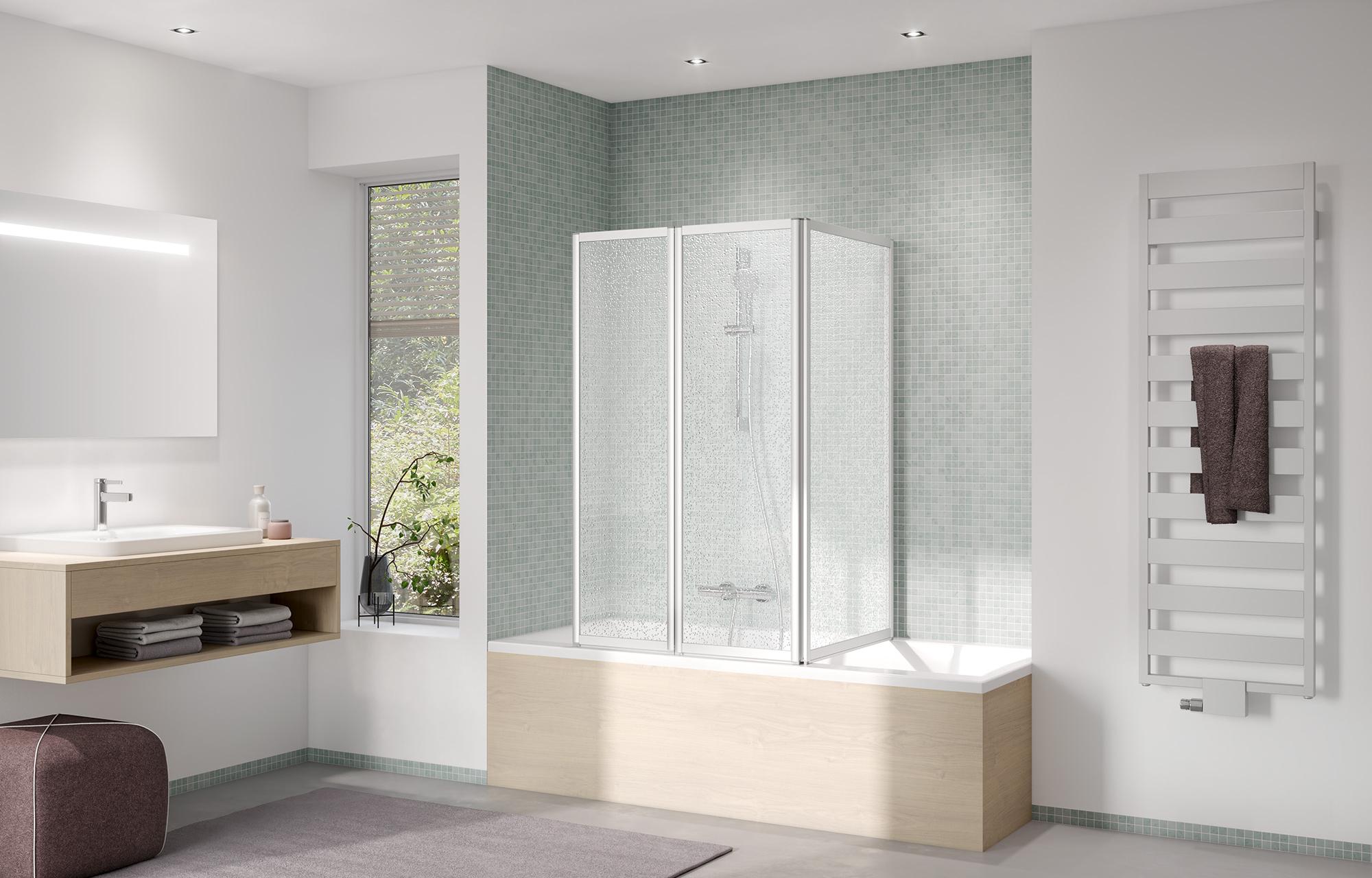 Kermi shower enclosure, VARIO 2000 three-panel folding screen on bathtub