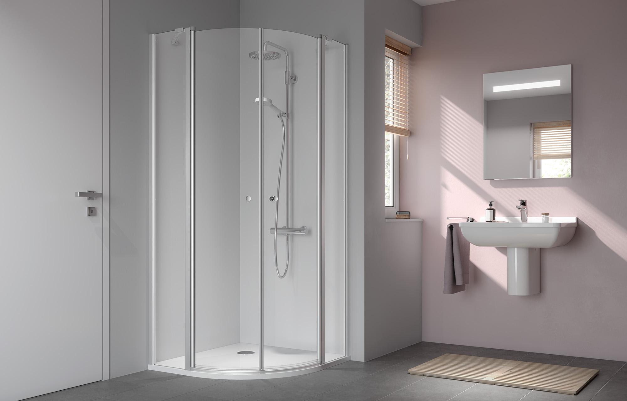 Paroi de douche à profilé Kermi avec paroi de douche IBIZA 2000 arrondie (portes pivotantes avec éléments fixes)
