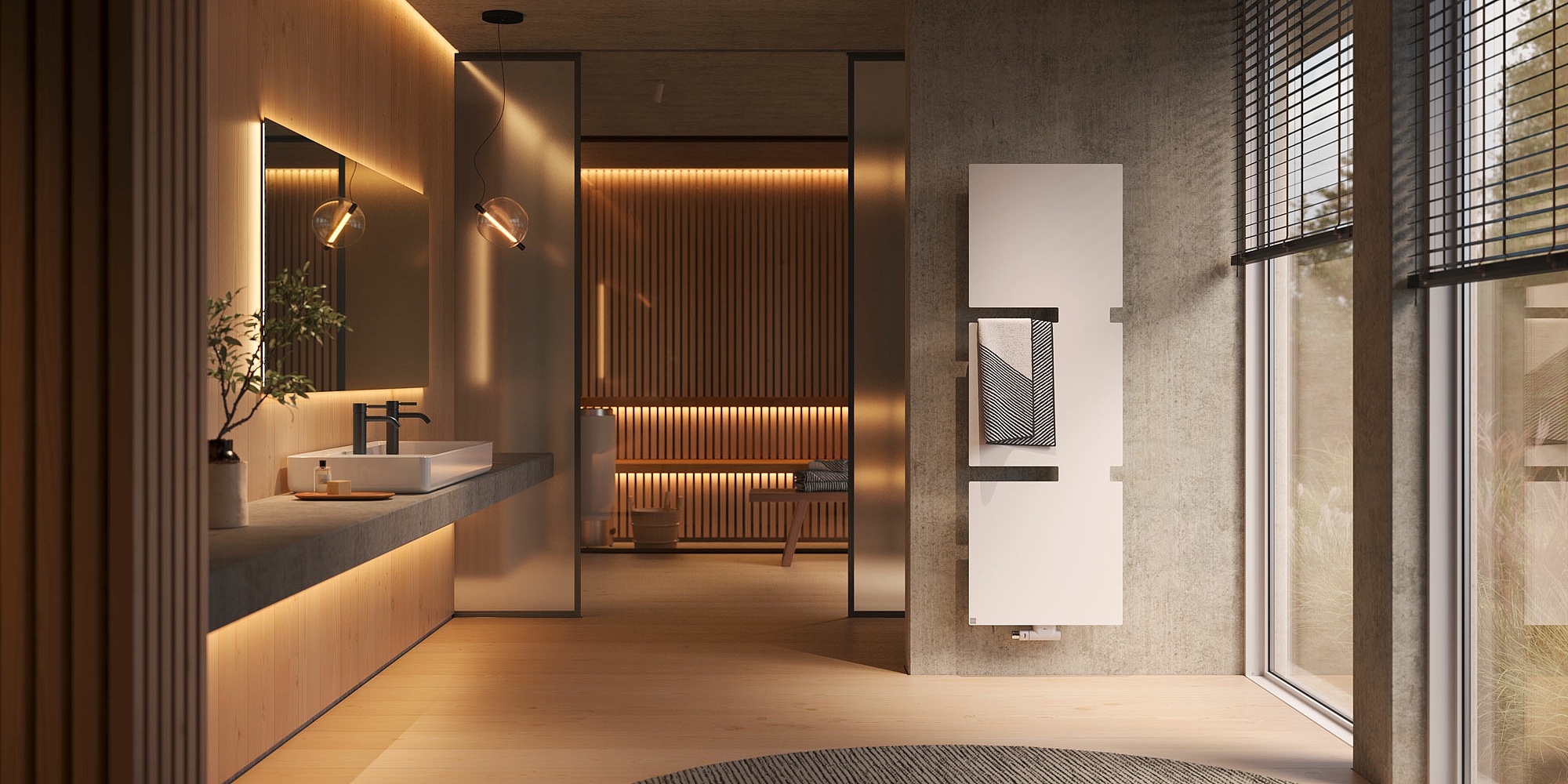 Bad- und Wohnheizkörper Tano mit drei Elementen und Handtuch in der Farbe weiß im Badezimmer