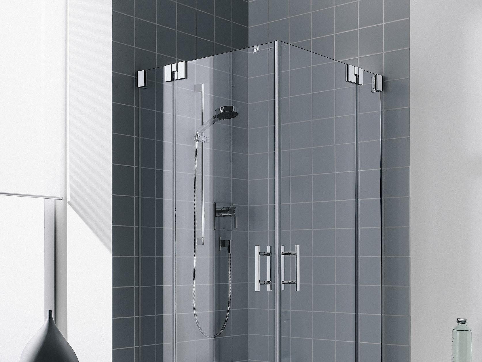 Zawiasowa kabina prysznicowa Kermi FILIA, wejście narożne 2-częściowe (drzwi wahadłowe z polami stałymi) – 1 połowa