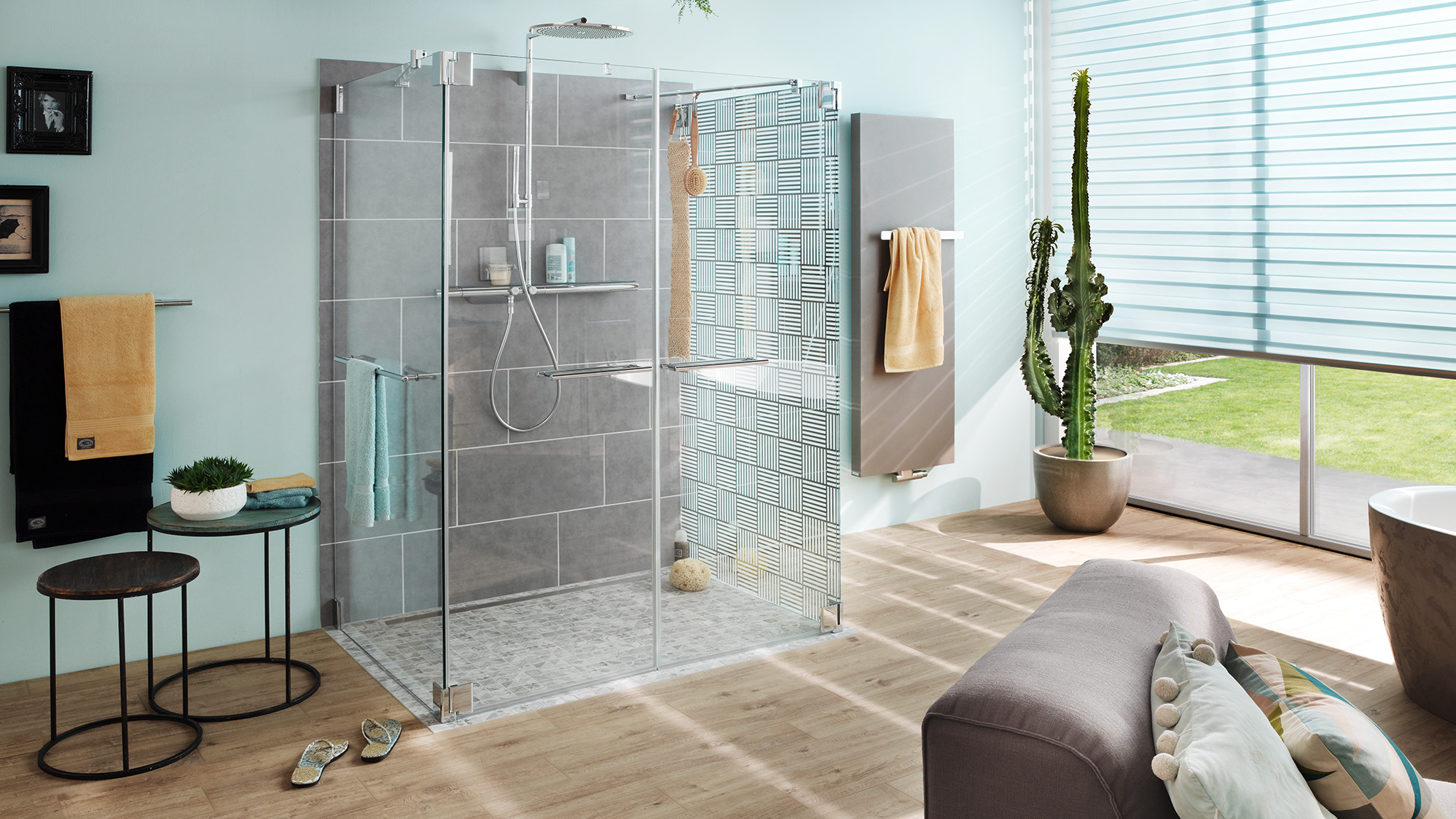 Kermi shower board LINE with channel cover along wall