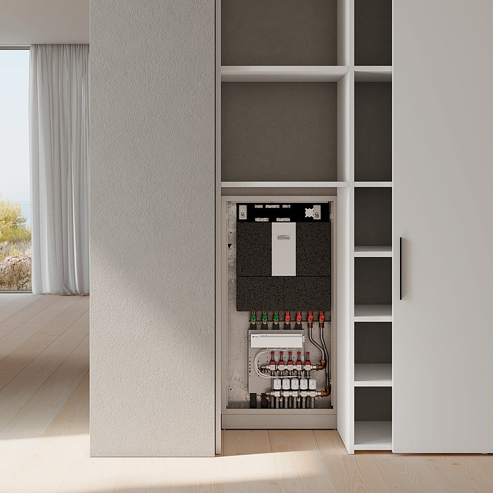 x-net Wohnungsstation pro mit Dämmung versorgt jede Wohnung mit warmem, sauberem Wasser und behaglichen Raumtemperaturen durch Flächenheizung